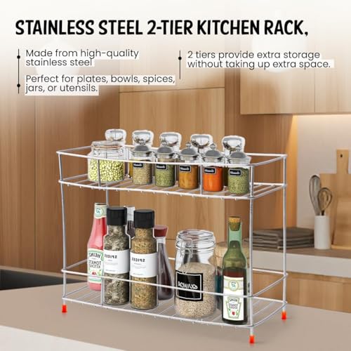 Niyara Stainless Steel Kitchen Rack Stand, Kitchen Organizer, Basket For Multistorage/Multipurpose Uses, Durable Kitchen Shelf Stand rack For Home & Kitchen, Countertop, Tabletop (2-Tier rack) - Image 2