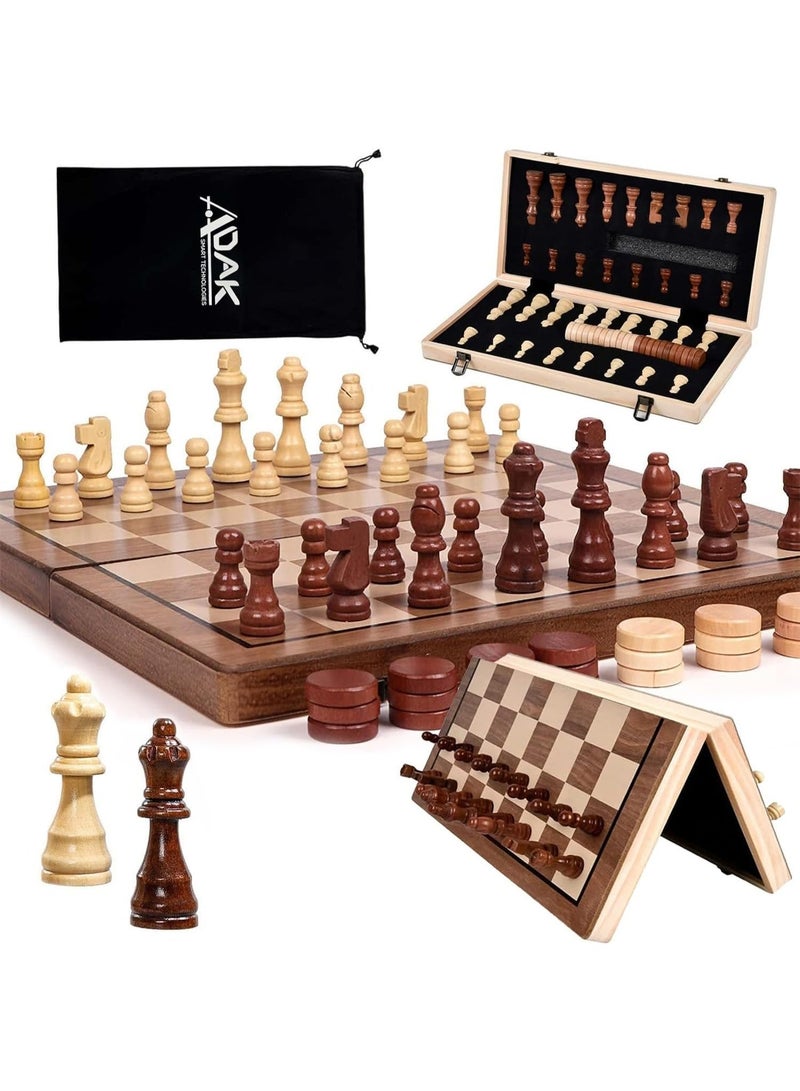 Magnetic Wooden Chess Set – 15-Inch Folding Chess Board with Handmade Pieces, Portable Travel Chess Game for Adults & Kids, Tournament & Beginner Friendly with Storage Slots and 2 Extra Queens - Image 1