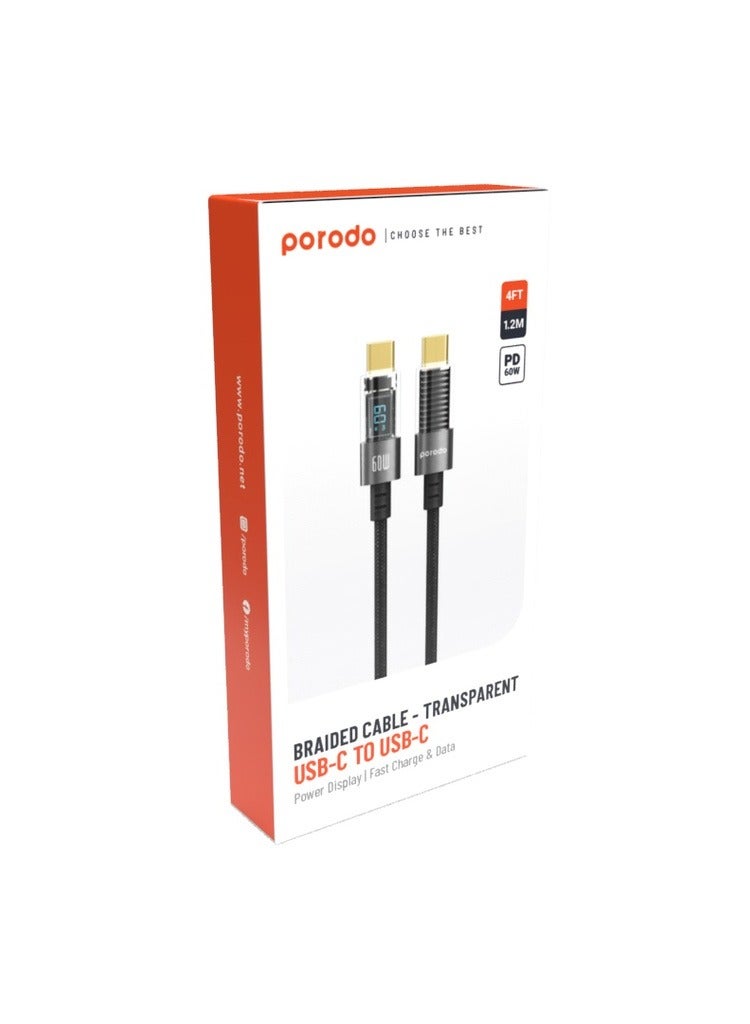 porodo 60W Type-C to Type-C Braided Cable with PD Display 1.2m - Black  - Image 3