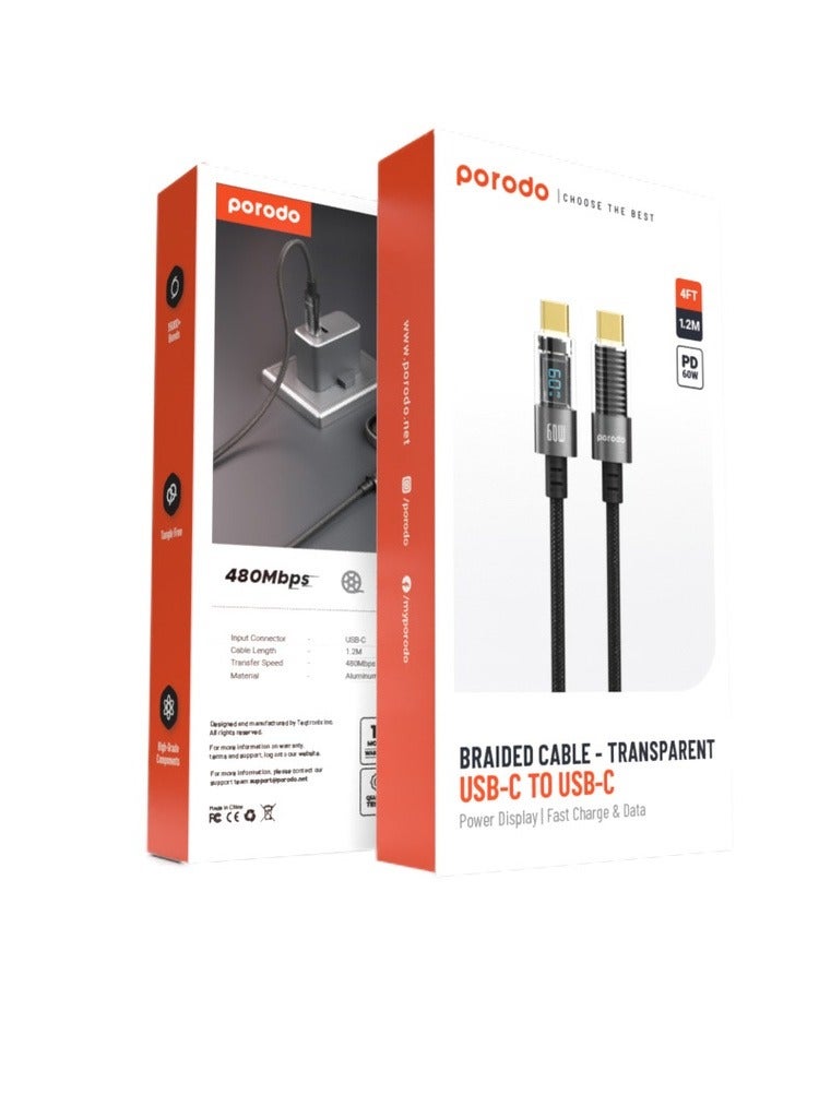 porodo 60W Type-C to Type-C Braided Cable with PD Display 1.2m - Black  - Image 2