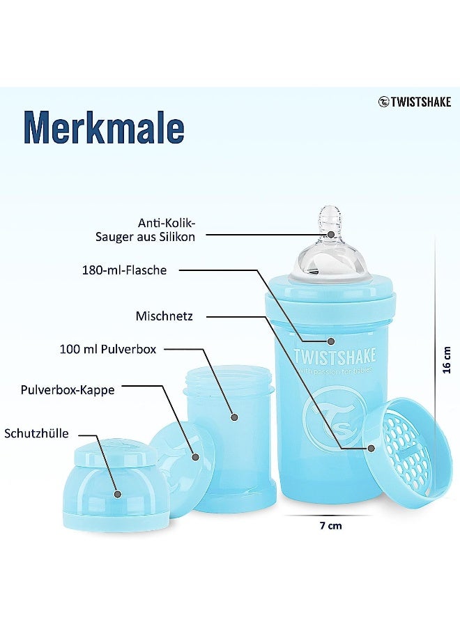 TWISTSHAKE Twistshake Anti-Colic Baby Bottle with Milk Powder Container and Mixer - 180ml | Slow Flow Silicone Breast-Like Nipple | BPA- Free | Suitable for Newborns (0+) | Blue - Image 4