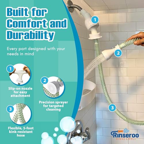 Rinseroo NEW Rinseroo: 5ft Slip-On Handheld Shower Attachment Hose w/Spray Head- Removable Extension Arm- Converts Fixed Shower Head into Handheld Bather. Portable, No-Install Shower Hose Wand for Seniors, RV. - Image 2
