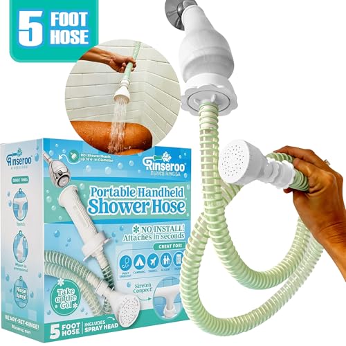 Rinseroo NEW Rinseroo: 5ft Slip-On Handheld Shower Attachment Hose w/Spray Head- Removable Extension Arm- Converts Fixed Shower Head into Handheld Bather. Portable, No-Install Shower Hose Wand for Seniors, RV. - Image 1