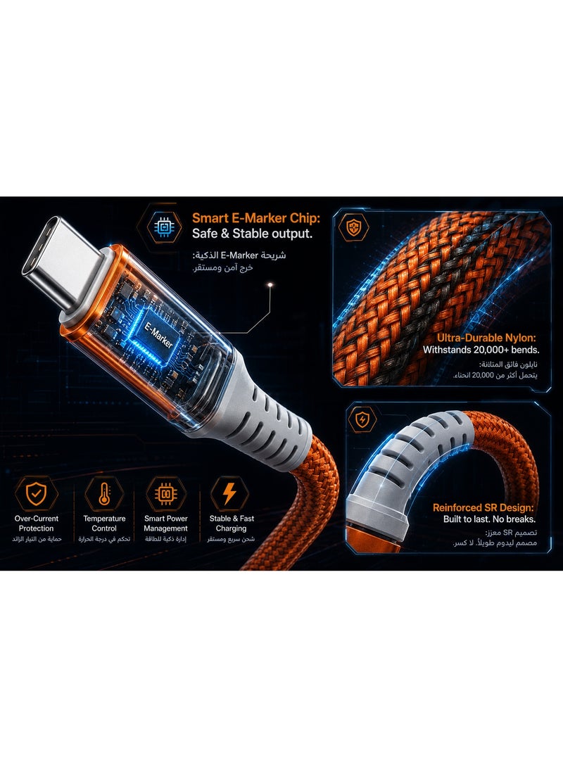 كابل شحن سريع جدأ من نوع USB-C إلى USB-C سلسلة Apbex بقوة 240 واط، سلك ألعاب إلكترونية PD 3.1، اليبطول 2 متر، برتقـ - Image 4