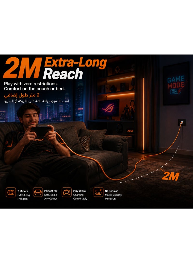 كابل شحن سريع جدأ من نوع USB-C إلى USB-C سلسلة Apbex بقوة 240 واط، سلك ألعاب إلكترونية PD 3.1، اليبطول 2 متر، برتقـ - Image 3
