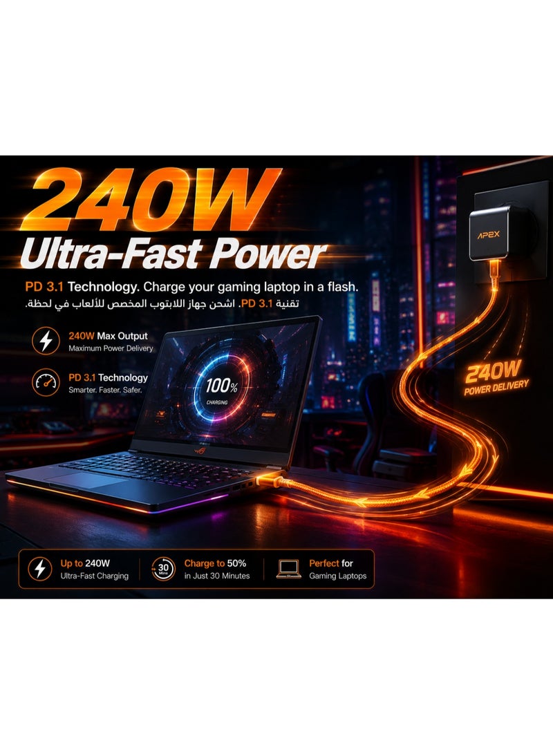 كابل شحن سريع جدأ من نوع USB-C إلى USB-C سلسلة Apbex بقوة 240 واط، سلك ألعاب إلكترونية PD 3.1، اليبطول 2 متر، برتقـ - Image 2