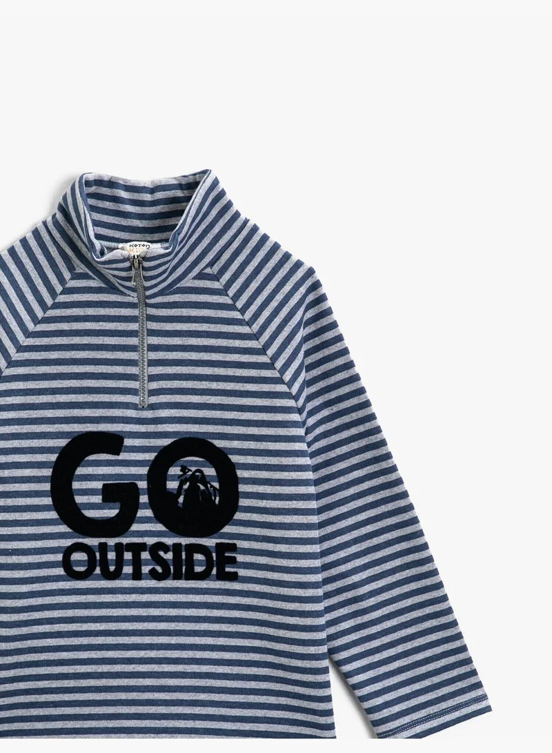 كوتون Slogan Printed Striped T-Shirt Zipper Collar Long Sleeve