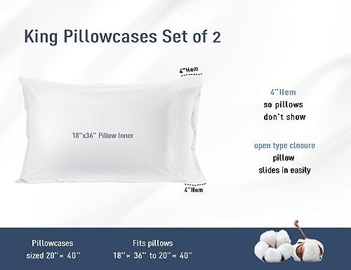 HOMTEC Pillow Cases, King Size Cotton Percale Weave Pillowcases, Pre-Shrunk Breathable and Hypoallergenic Pillowcases, Set of 2 (2 Piece King 20 Inch x 40 Inch, White) - Image 3