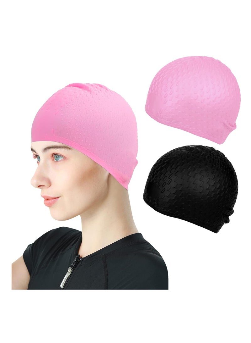 SYOSI Swim Cap 2 Pack - Unisex Silicone Swimming Caps for Men, Women, Adults, and Kids - Durable, Flexible, and Waterproof Bathing Caps for Long and Short Hair(Pink,Black) - Image 1