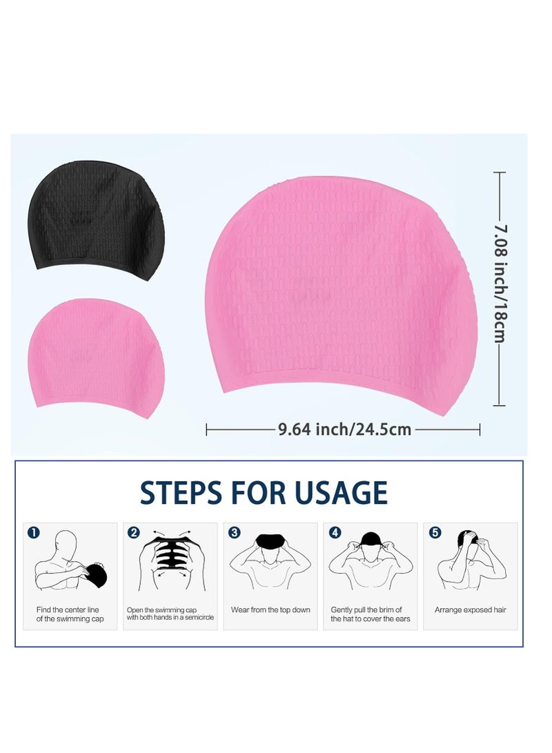 SYOSI Swim Cap 2 Pack - Unisex Silicone Swimming Caps for Men, Women, Adults, and Kids - Durable, Flexible, and Waterproof Bathing Caps for Long and Short Hair(Pink,Black) - Image 2