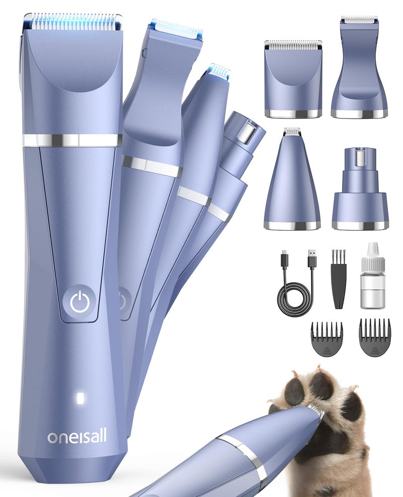 oneisall Dog Paw Trimmer 4 in 1 Low Noise Dog Clippers for Grooming Cordless Dogs Grooming Kit Nail Grinder IPX7 Waterproof Puppy Shaver for Petss Paws Eyes Ears Face Rump