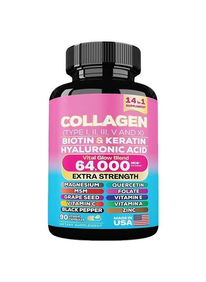 Collagen Pills Peptides Types I, II, III, V & X MCG Biotin Keratin Hyaluronic Acid MSM Vitamin A Vitamin C Vitamin E Folic Acid Zinc Magnesium with Grape Seed Extract, Quercetin 90 Caps - pzsku/Z878755585C55AEDED86EZ/45/_/1737681356/0b2e259f-f718-4640-8605-c2b0fd72496c