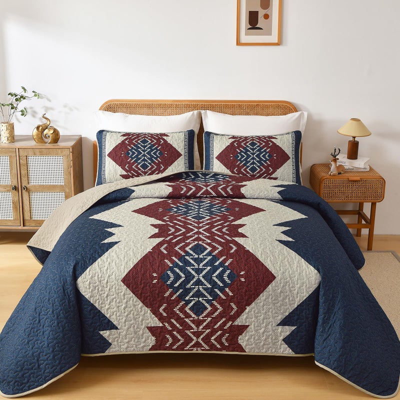 Dintszyayue Blue and Red Quilt Set King Size Boho3 Piece Aztec Texture Bedspread Coverlet Set Soft Lightweight Bedding Set Geometric Bohemian Bedspread with 2 PillowcasesBlue Red90x103