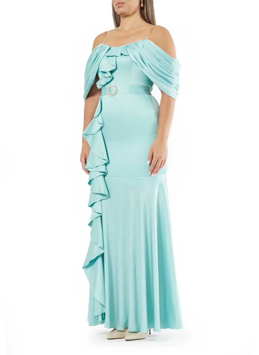 Amri Stunning Crepe Bardot Dress With Ruffle Details And Cold Shoulder Sleeves