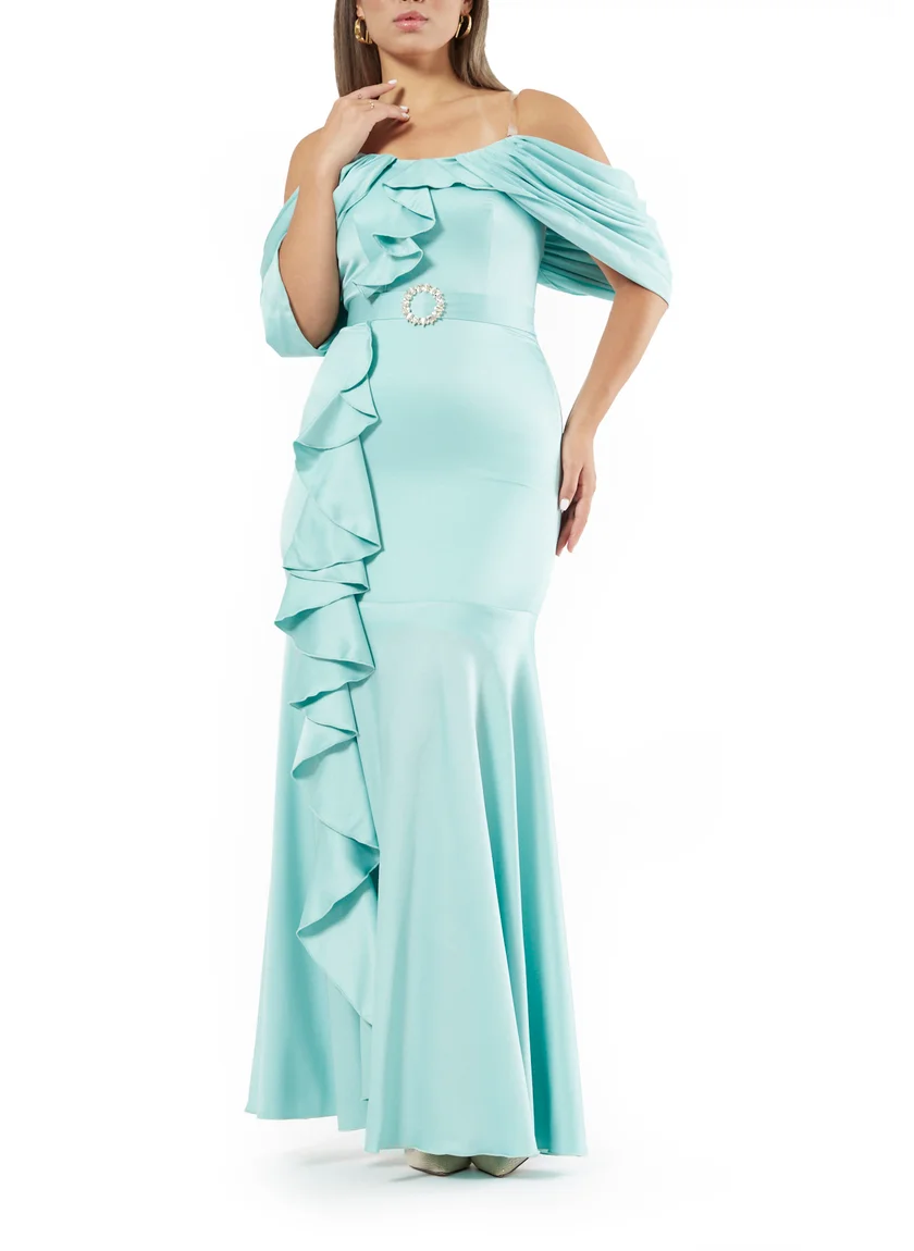 Amri Stunning Crepe Bardot Dress With Ruffle Details And Cold Shoulder Sleeves