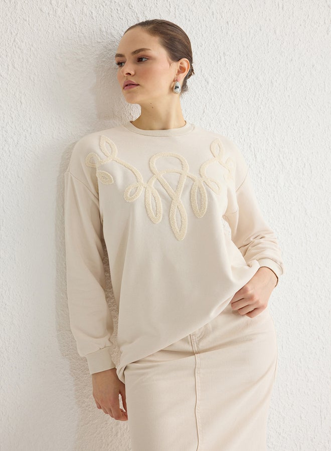 trendyol Beige Embroidered Detailed Knitted Sweatshirt - Image 1