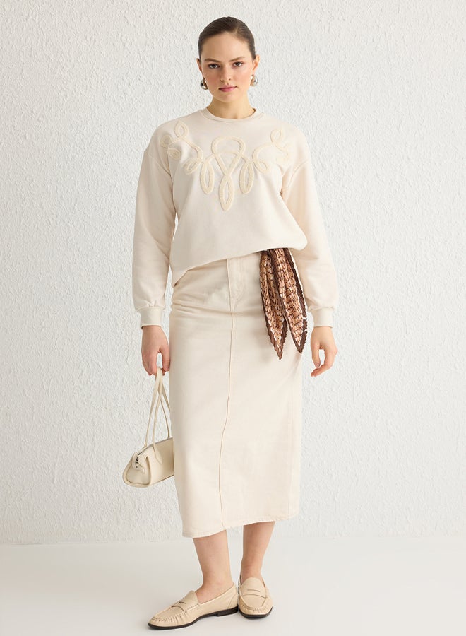 trendyol Beige Embroidered Detailed Knitted Sweatshirt - Image 3