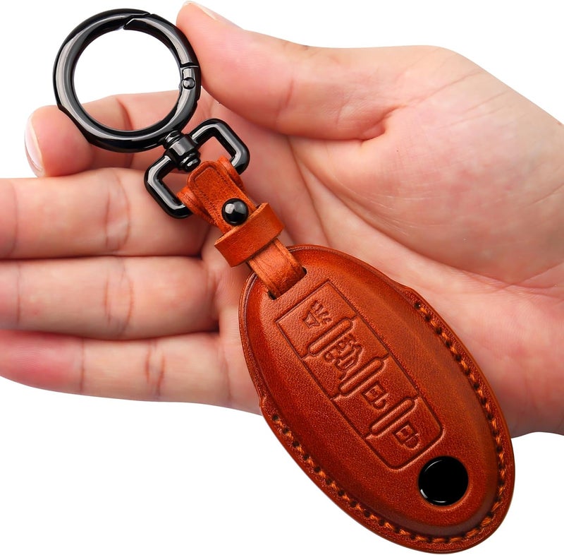 Tukellen Compatible with Nissan Key Fob Cover Handmade Genuine Leather Case for Altima Pathfinder Armada Murano Maxima Rogue Infinity Smart Remote 4 Buttons Key-Brown - Image 1
