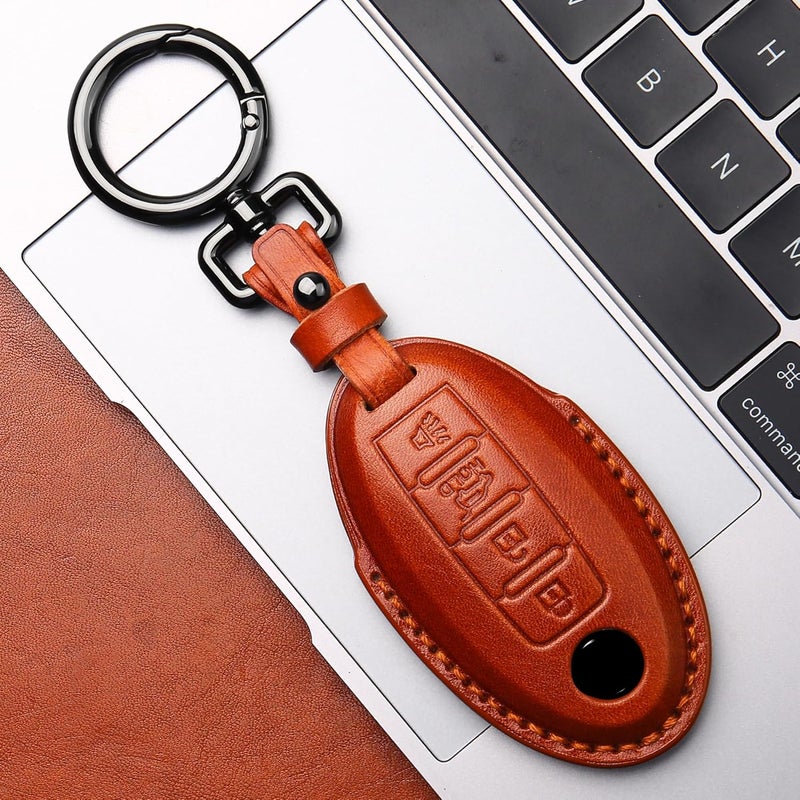 Tukellen Compatible with Nissan Key Fob Cover Handmade Genuine Leather Case for Altima Pathfinder Armada Murano Maxima Rogue Infinity Smart Remote 4 Buttons Key-Brown - Image 5