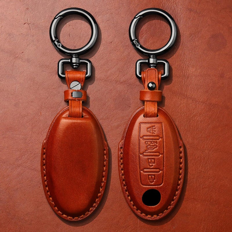Tukellen Compatible with Nissan Key Fob Cover Handmade Genuine Leather Case for Altima Pathfinder Armada Murano Maxima Rogue Infinity Smart Remote 4 Buttons Key-Brown - Image 3