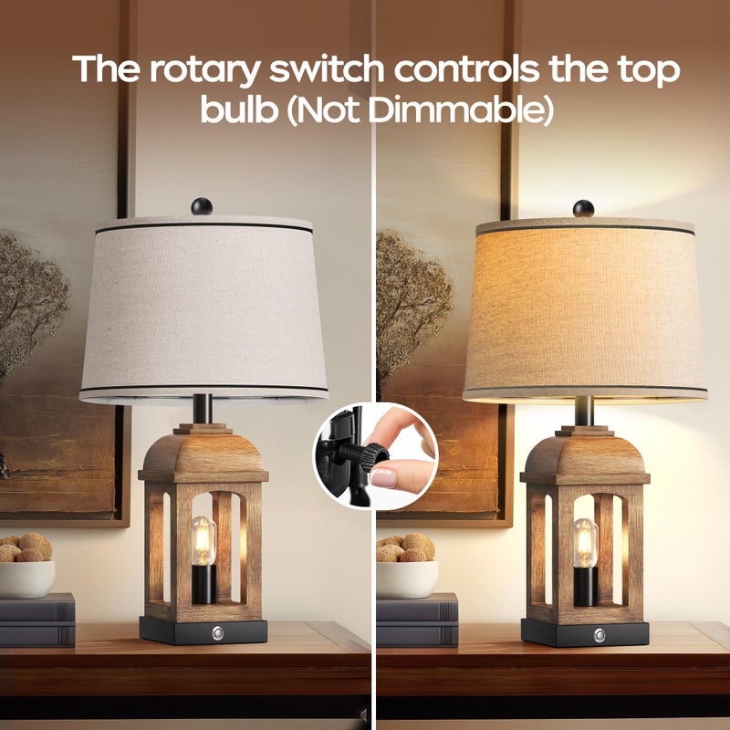 QiMH Table Lamp for Living Room, Farmhouse Lamps Set of 2 with USB A+C and Nightlight, 26" Rustic Bedside Lamps with 3-Way Dimmable Touch Control, Nightstand Lamp for Bedroom Decor, Wood Grain - Image 3