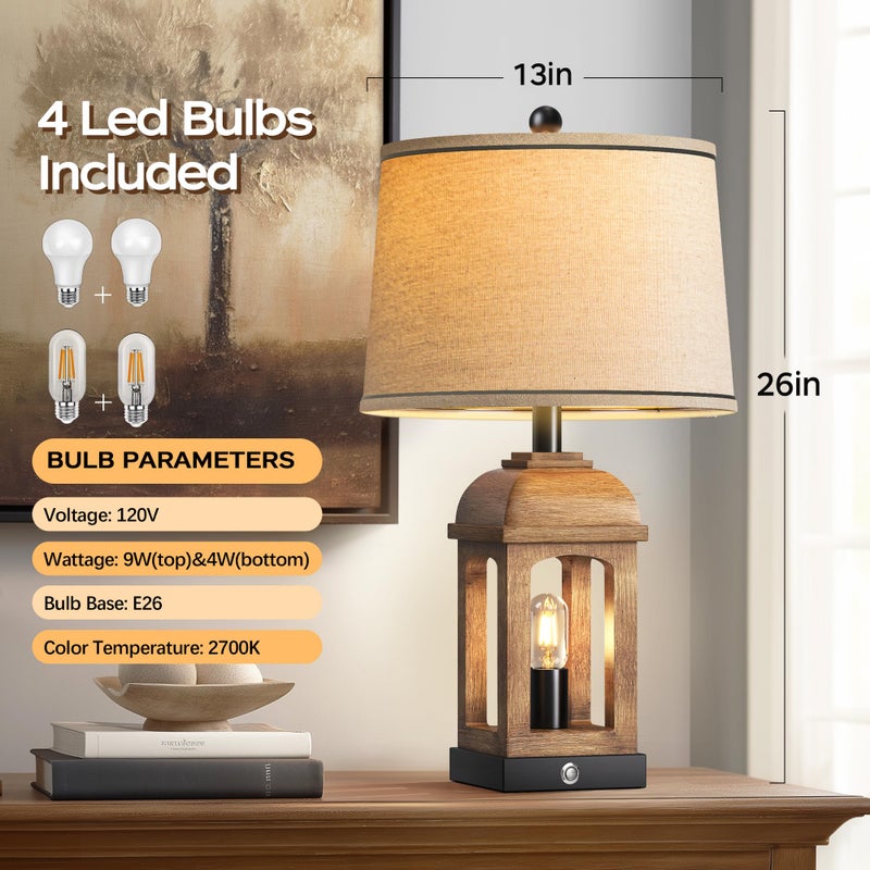 QiMH Table Lamp for Living Room, Farmhouse Lamps Set of 2 with USB A+C and Nightlight, 26" Rustic Bedside Lamps with 3-Way Dimmable Touch Control, Nightstand Lamp for Bedroom Decor, Wood Grain - Image 5