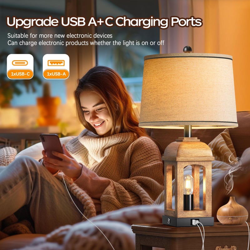 QiMH Table Lamp for Living Room, Farmhouse Lamps Set of 2 with USB A+C and Nightlight, 26" Rustic Bedside Lamps with 3-Way Dimmable Touch Control, Nightstand Lamp for Bedroom Decor, Wood Grain - Image 4