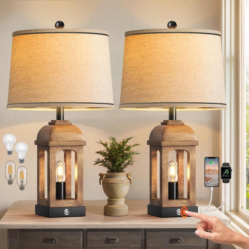 QiMH Table Lamp for Living Room, Farmhouse Lamps Set of 2 with USB A+C and Nightlight, 26" Rustic Bedside Lamps with 3-Way Dimmable Touch Control, Nightstand Lamp for Bedroom Decor, Wood Grain - Image 1