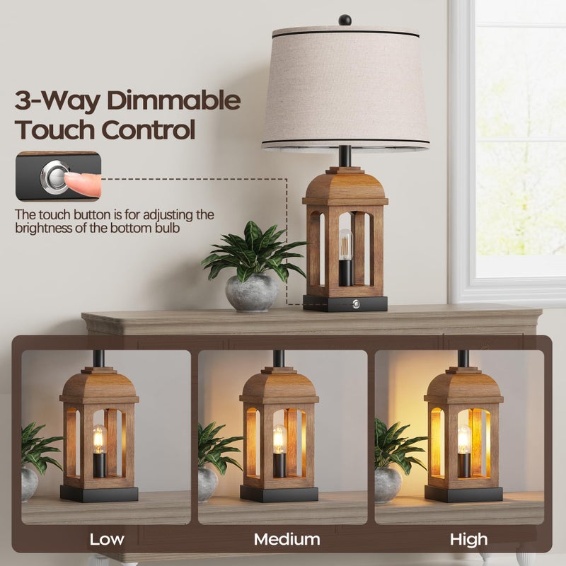 QiMH Table Lamp for Living Room, Farmhouse Lamps Set of 2 with USB A+C and Nightlight, 26" Rustic Bedside Lamps with 3-Way Dimmable Touch Control, Nightstand Lamp for Bedroom Decor, Wood Grain - Image 2