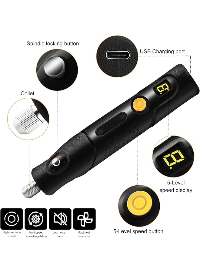 إيروريكس مجموعة أدوات دوارة صغيرة لاسلكية بخمس سرعات متعددة الأغراض مع شاشة عرض LED للصنفرة والنقش والتلميع والحفر والحرف اليدوية والإبداعات اليدوية - Image 4