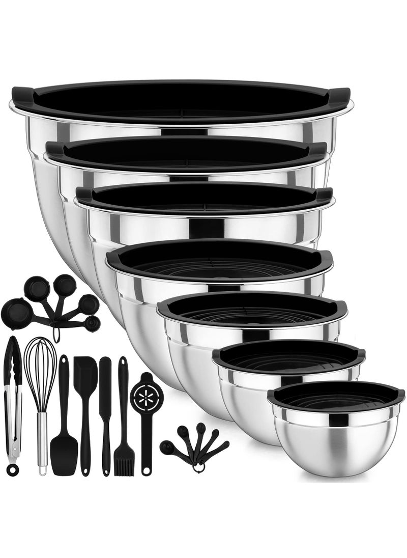 P&P CHEF PP CHEF Mixing Bowls with Lids Set of 7 Stainless Steel Nesting Salad Serving Bowls with 17Pcs Kitchen Tools for Prepping Cooking Storing Sizes 07 1 15 2 26 46 7 Qt  Black 