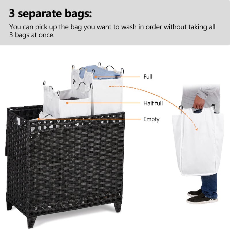 Hermina Laundry Hamper with 3 Removable Liner Bags; 132L Handwoven Rattan Laundry Basket with Lid & Heightened Feet; Clothes Hamper with Side Handles; Laundry Sorter with 3 Separate Sections (Black) - Image 3