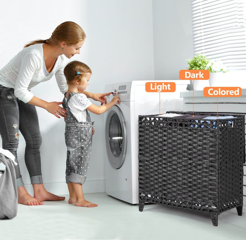 Hermina Laundry Hamper with 3 Removable Liner Bags; 132L Handwoven Rattan Laundry Basket with Lid & Heightened Feet; Clothes Hamper with Side Handles; Laundry Sorter with 3 Separate Sections (Black) - Image 2