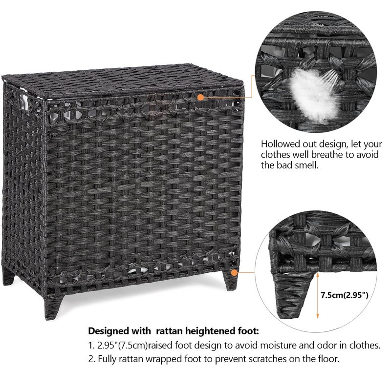 Hermina Laundry Hamper with 3 Removable Liner Bags; 132L Handwoven Rattan Laundry Basket with Lid & Heightened Feet; Clothes Hamper with Side Handles; Laundry Sorter with 3 Separate Sections (Black) - Image 5