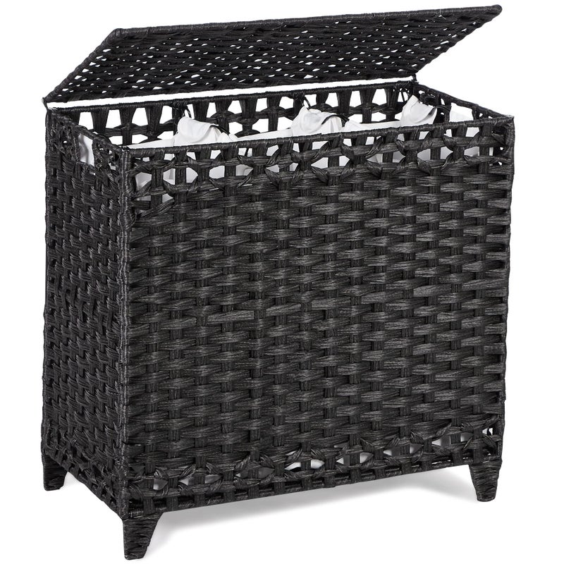 Hermina Laundry Hamper with 3 Removable Liner Bags; 132L Handwoven Rattan Laundry Basket with Lid & Heightened Feet; Clothes Hamper with Side Handles; Laundry Sorter with 3 Separate Sections (Black) - Image 1