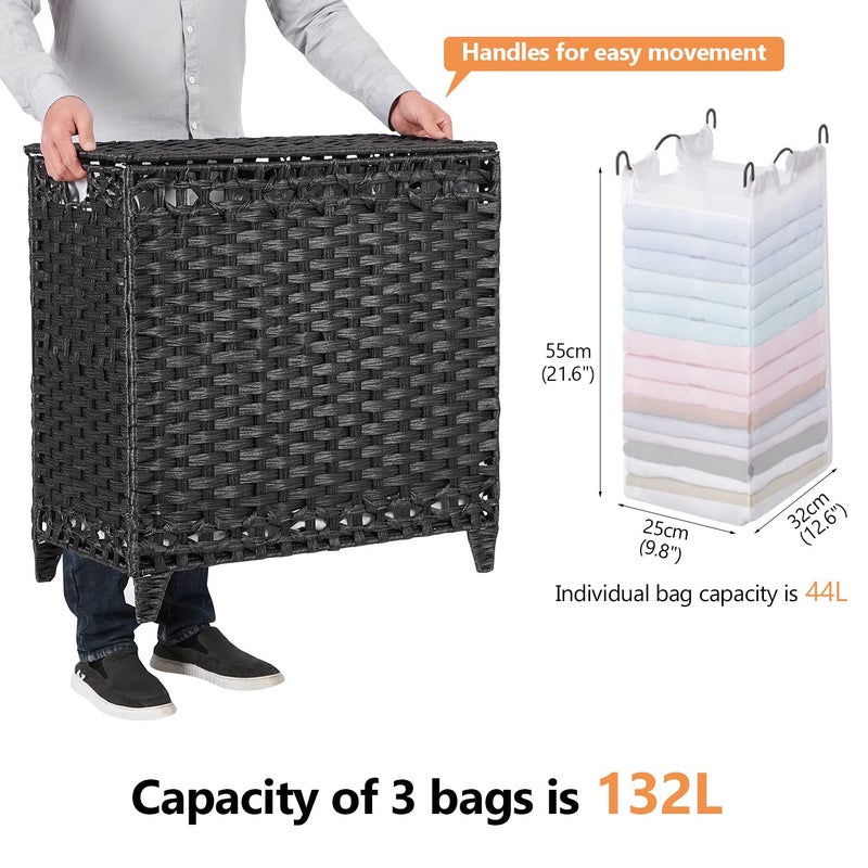 Hermina Laundry Hamper with 3 Removable Liner Bags; 132L Handwoven Rattan Laundry Basket with Lid & Heightened Feet; Clothes Hamper with Side Handles; Laundry Sorter with 3 Separate Sections (Black) - Image 4