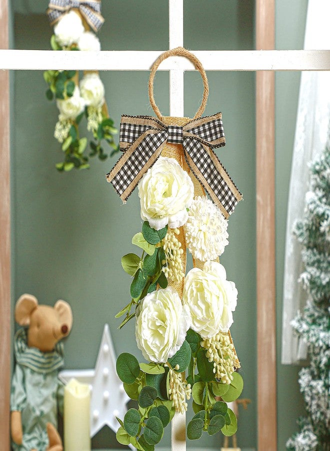 Giegxin 2 Pcs 17" Eucalyptus Wreath Swag for Front Door Artificial Floral Swag Spring Farmhouse Teardrop Wearths with Ribbon Rustic Wall Hanging Buffalo Check Decor for Window Porch Kitchen Cabinet - Image 4