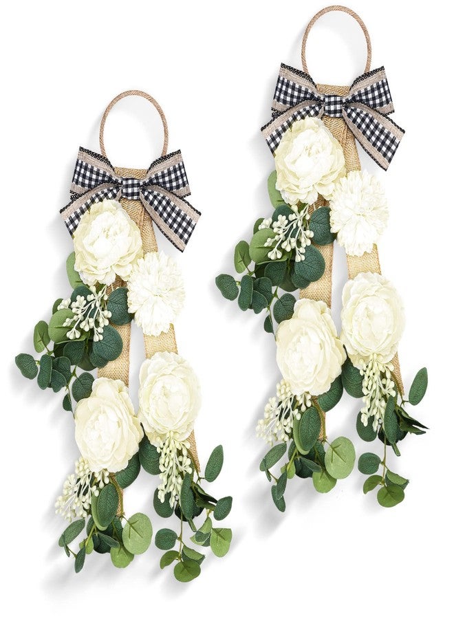 Giegxin 2 Pcs 17" Eucalyptus Wreath Swag for Front Door Artificial Floral Swag Spring Farmhouse Teardrop Wearths with Ribbon Rustic Wall Hanging Buffalo Check Decor for Window Porch Kitchen Cabinet - Image 1