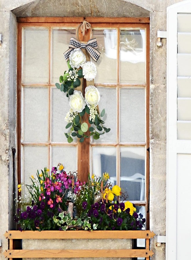 Giegxin 2 Pcs 17" Eucalyptus Wreath Swag for Front Door Artificial Floral Swag Spring Farmhouse Teardrop Wearths with Ribbon Rustic Wall Hanging Buffalo Check Decor for Window Porch Kitchen Cabinet - Image 2