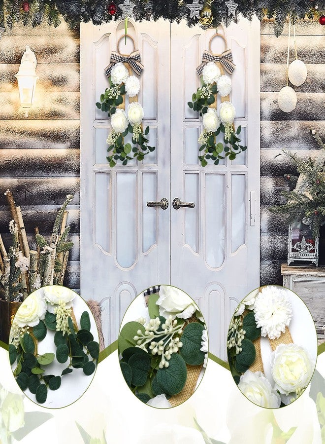 Giegxin 2 Pcs 17" Eucalyptus Wreath Swag for Front Door Artificial Floral Swag Spring Farmhouse Teardrop Wearths with Ribbon Rustic Wall Hanging Buffalo Check Decor for Window Porch Kitchen Cabinet - Image 5