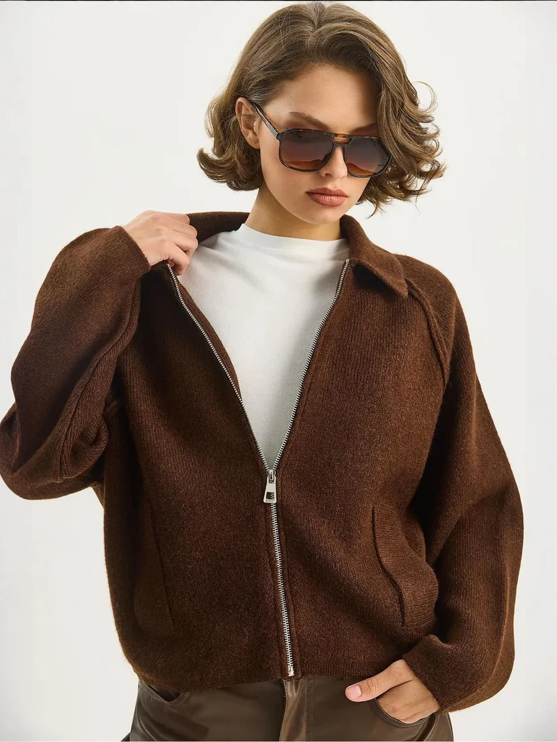 Bianco Lucci LUCCI Ribbed Knit Zipper Cardigan