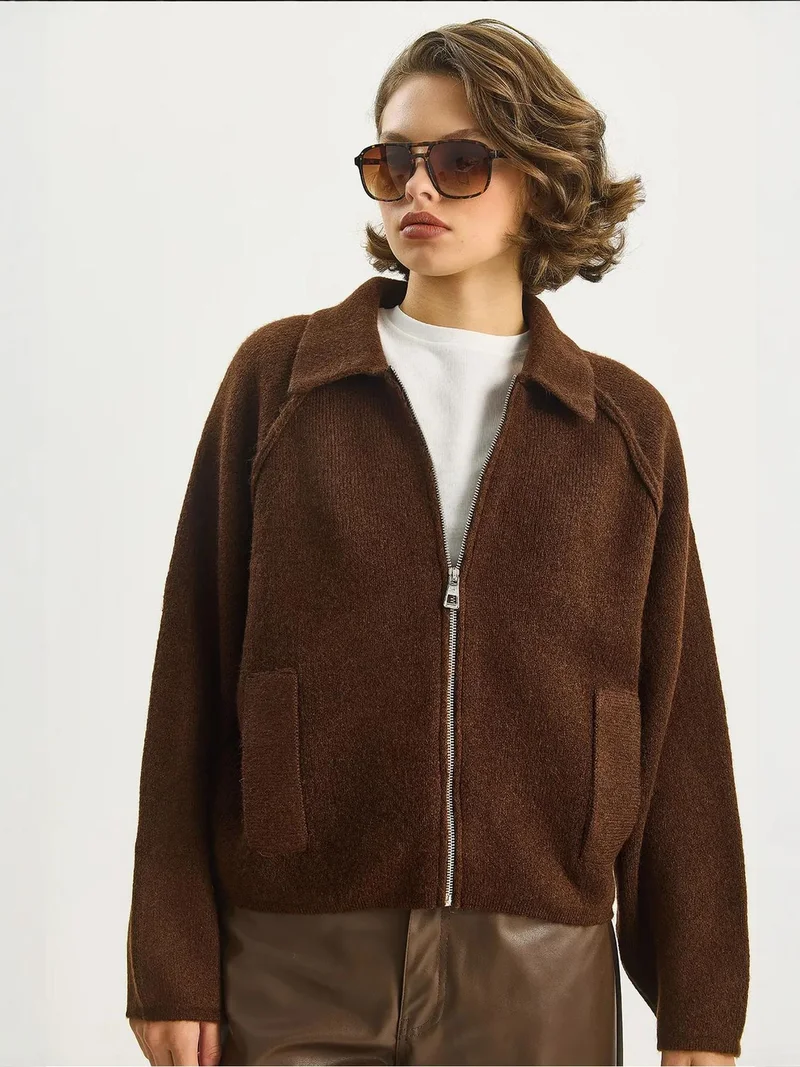 Bianco Lucci LUCCI Ribbed Knit Zipper Cardigan