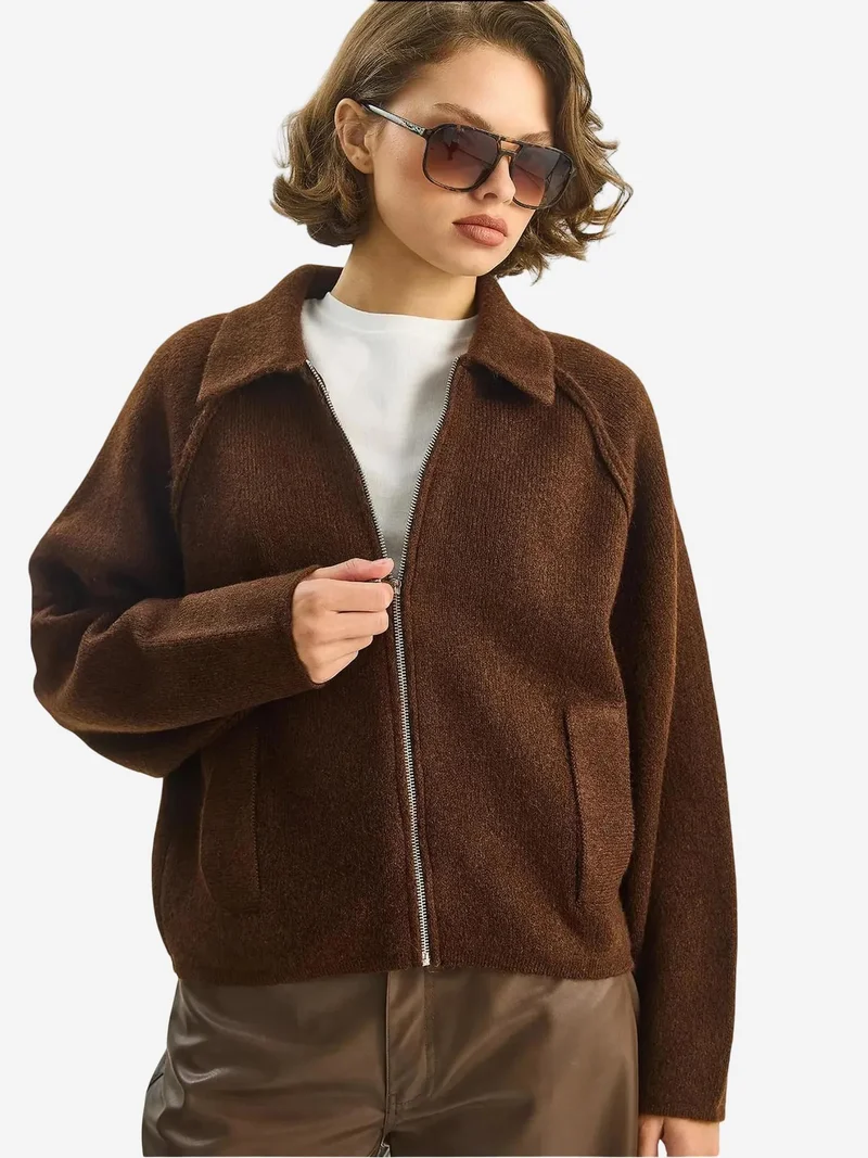 Bianco Lucci Dark Mocha Brown LUCCI Ribbed Knit Zipper Cardigan for Women | Best Price UAE