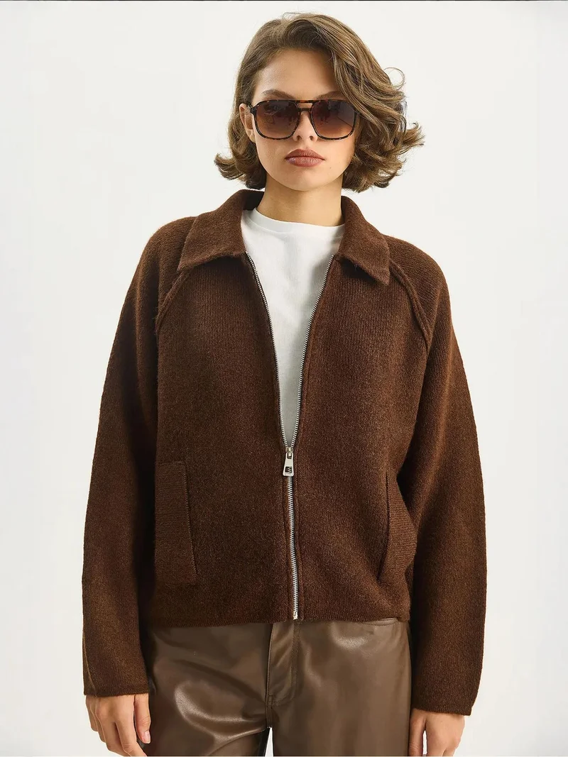 Bianco Lucci Dark Mocha Brown LUCCI Ribbed Knit Zipper Cardigan for Women | Best Price UAE