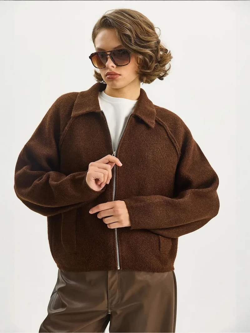 Bianco Lucci Dark Mocha Brown LUCCI Ribbed Knit Zipper Cardigan for Women | Best Price UAE