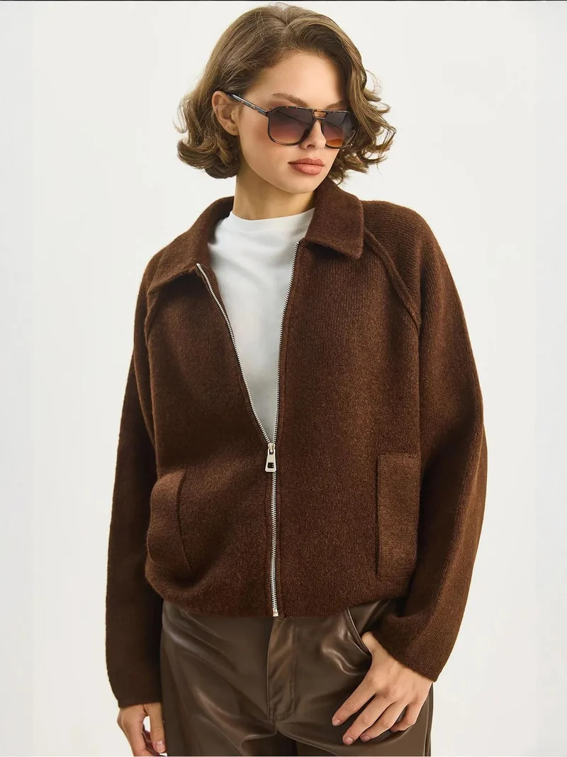 Bianco Lucci Dark Mocha Brown LUCCI Ribbed Knit Zipper Cardigan for Women | Best Price UAE