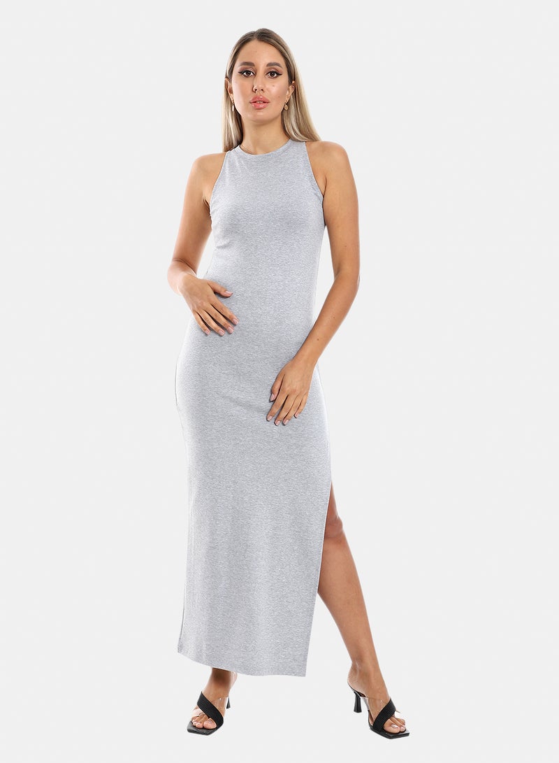 belle Sleeveless Left Leg Slit Plain Dress - Image 1