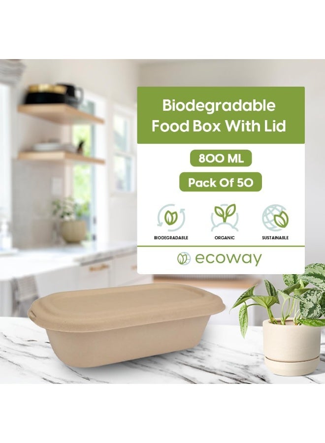 ecoway [800 Ml - 28 Ounce] Food Box Container Made With Bagasse Sugar Cane Fibers For Meals & Dessert, Take Away Container, Disposable, Eco-friendly, Compostable, Restaurants - Pack Of 50, White - Image 3