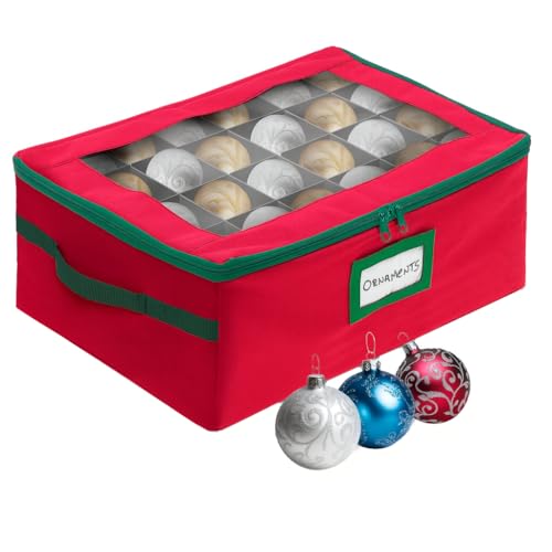 HOLDN’ STORAGE Christmas Ornament Storage Box with Dividers - Fits 48-3” Ornaments, 2 Removable Trays, Durable & Space-Saving, Clear Top Lid, Fits Underbed, Red - Image 1