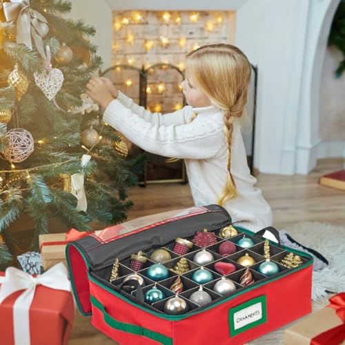 HOLDN’ STORAGE Christmas Ornament Storage Box with Dividers - Fits 48-3” Ornaments, 2 Removable Trays, Durable & Space-Saving, Clear Top Lid, Fits Underbed, Red - Image 3